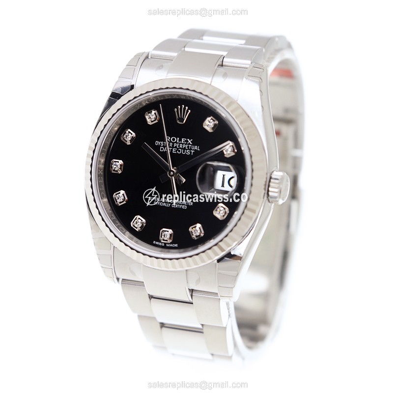 Rolex Datejust Replica - Automatic - 18kt White Gold - Black Dial - Silver Steel Strap - View 3