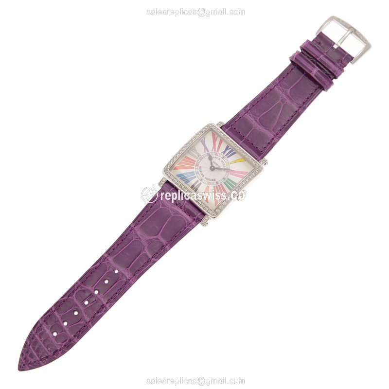 Franck Muller 6002 M B QZ COL DRM R D 1R Master Square - Quartz - 18kt White Gold - Diamond - White Dial, Alligator Purple Strap - View 2