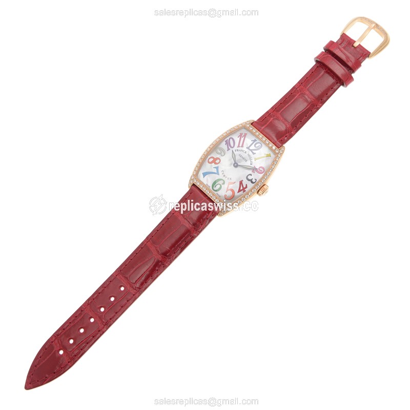 Franck Muller 2852 QZ COL DRM MOP D 1R 5N CINTREE CURVEX - Quartz - Rose Gold Case - White Dial on Red Alligator Strap - View 2