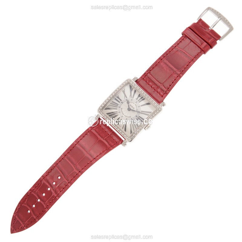 Franck Muller 6002 M B QZ R D 1R Replica - Quartz - 18kt White Gold - Diamond - White Dial - Red Alligator Buckle - View 2