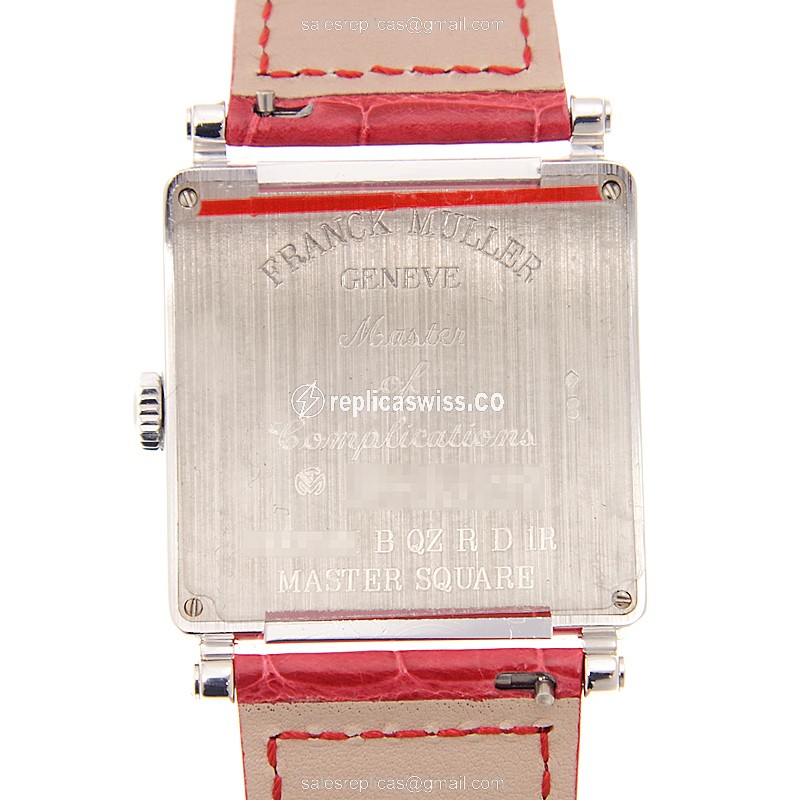 Franck Muller 6002 M B QZ R D 1R Replica - Quartz - 18kt White Gold - Diamond - White Dial - Red Alligator Buckle - View 3