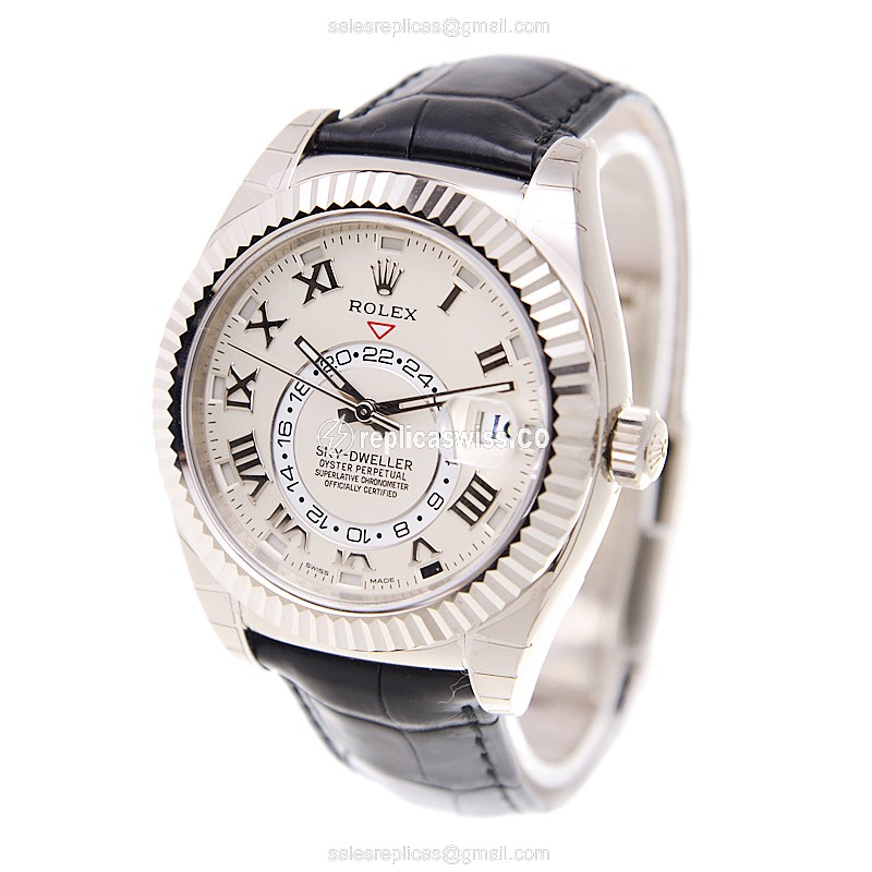 Rolex Sky-Dweller Replica - Automatic - Ivory Dial - 18kt Gold Case, Black Alligator Strap - View 3