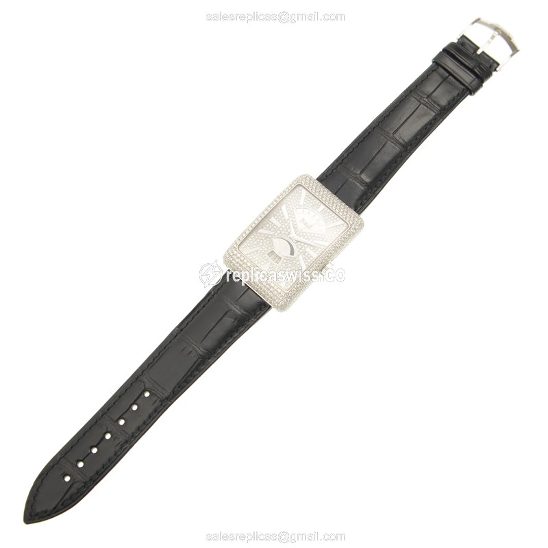 Piaget Black Tie Replica - Automatic - 18kt White Gold - Diamond - Silver Dial - Black Alligator Buckle - View 2