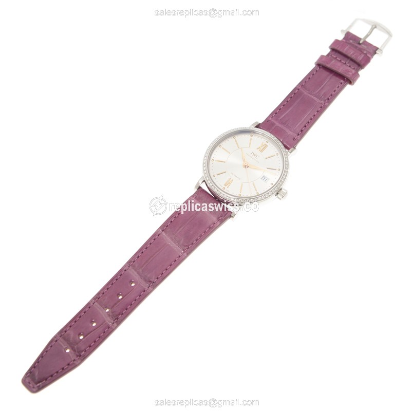 IWC Portofino Replica - Automatic - Stainless Steel & Diamond - Silver Dial - Purple Alligator Strap - View 2