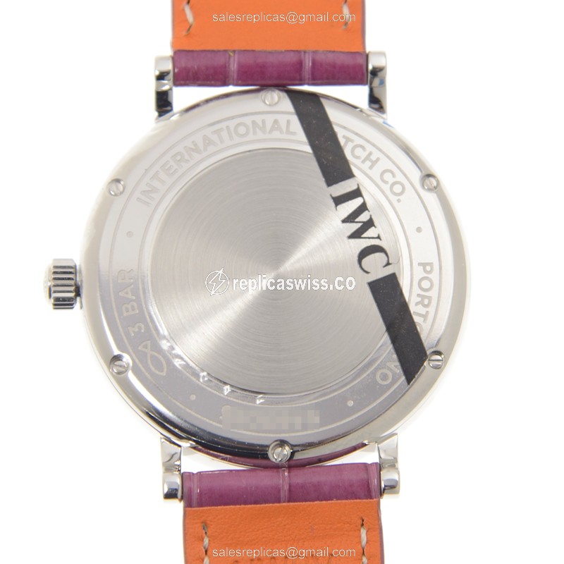 IWC Portofino Replica - Automatic - Stainless Steel & Diamond - Silver Dial - Purple Alligator Strap - View 3