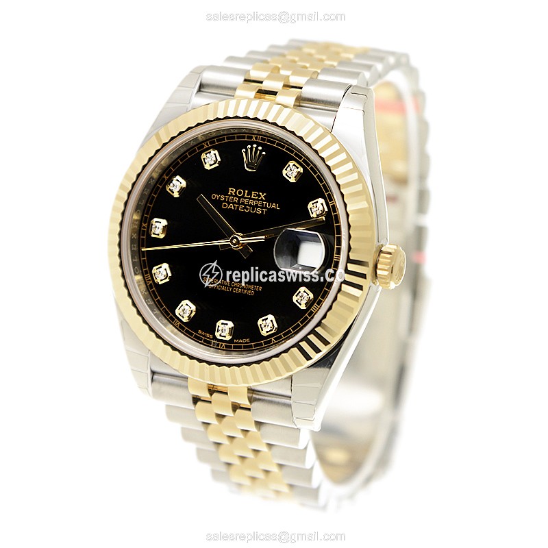 Rolex DATEJUST Replica - Automatic - 18kt Gold & Steel - Black Dial, Gold Clasp - View 3