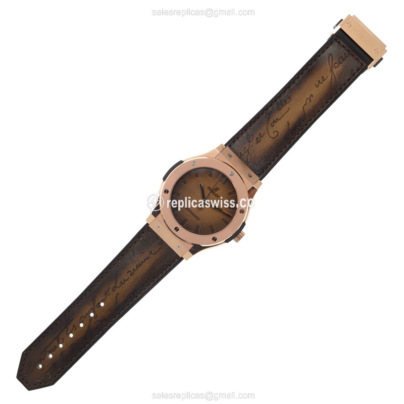 Hublot Classic Fusion Replica - Automatic - 18kt Rose Gold - Brown Dial - Rubber Strap - View 2