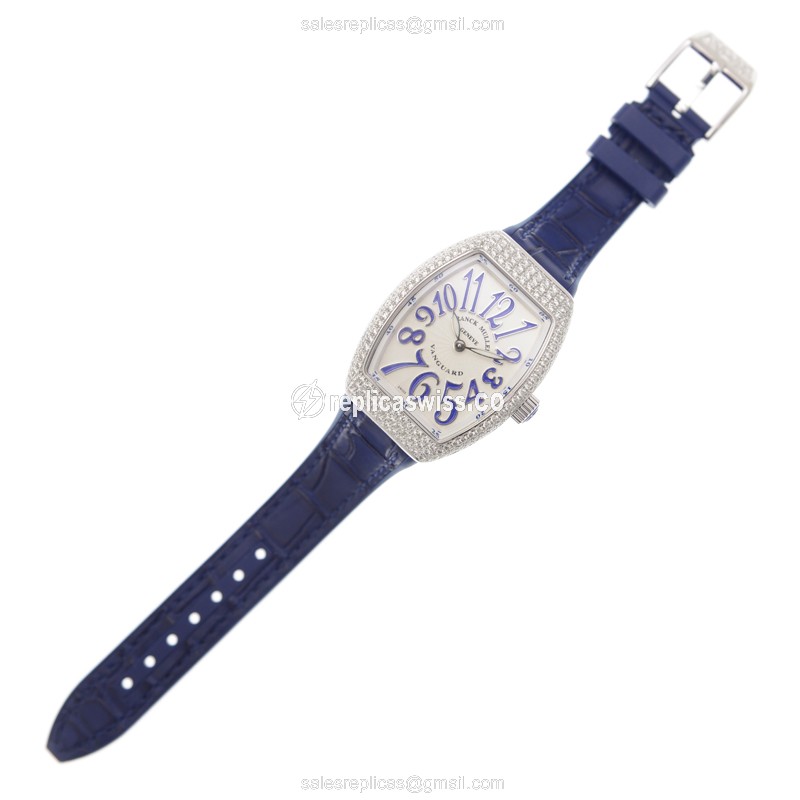 Franck Muller V32QZD Replica - Quartz - Diamond Case - White Dial - Blue Rubber Strap - View 2