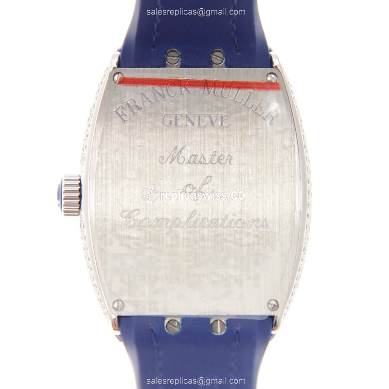 Franck Muller V32QZD Replica - Quartz - Diamond Case - White Dial - Blue Rubber Strap - View 3