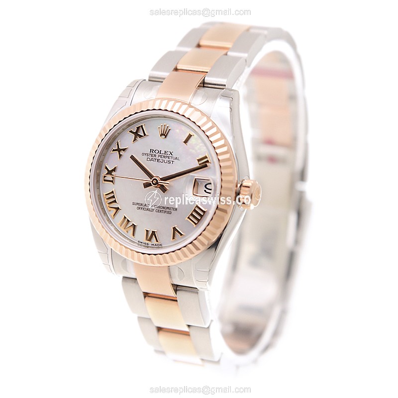 Rolex Lady Datejust Replica - Automatic - White on Gold & Steel - 28mm Case - View 3