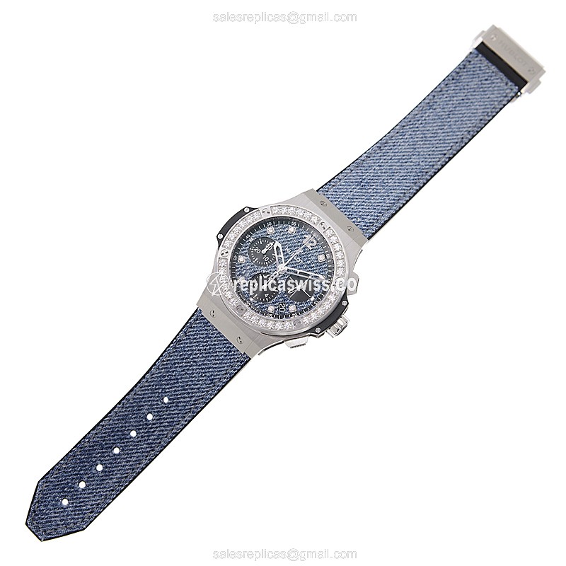 Hublot Big Bang Replica - Automatic - Blue Dial - Jeans Strap - Diamond Case - View 2