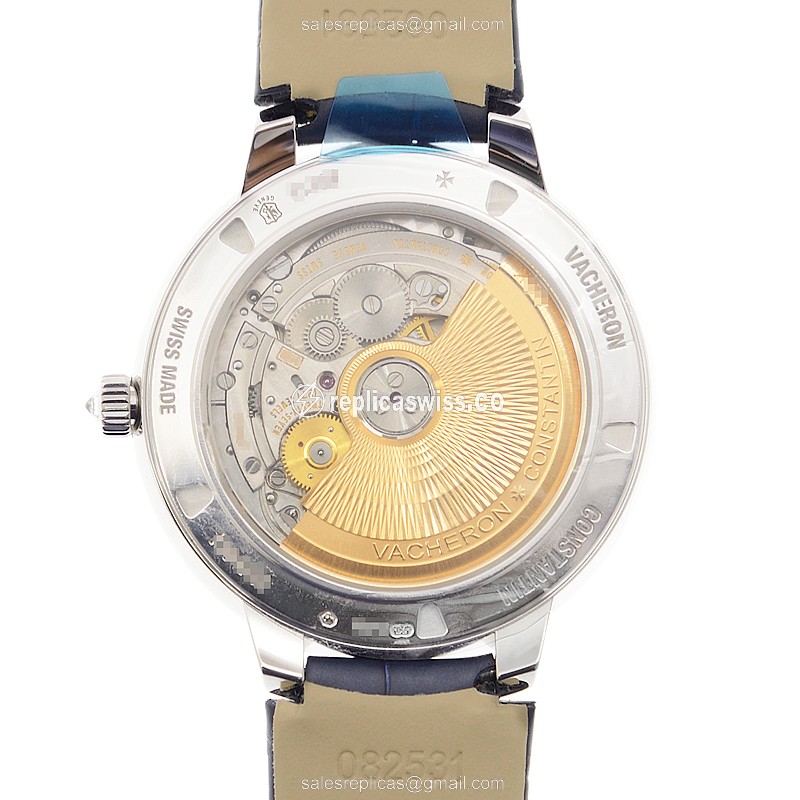Vacheron Constantin Patrimony Traditionnelle Replica - Automatic - 18kt White Gold & Diamond - White Dial - Blue Alligator Strap - View 3