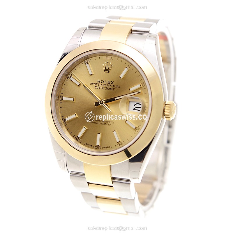 Rolex DATEJUST Replica - Automatic - Gold Case, Gold Dial - 18kt Steel Bracelet - View 3