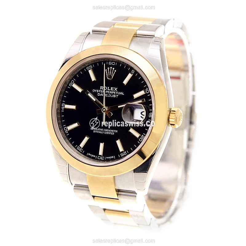 Rolex Datejust Replica: Automatic, 18kt Gold & Steel Case, Black Dial, Gold Clasp - View 3