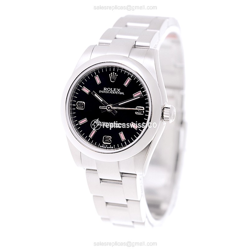 Rolex OYSTER PERPETUAL Replica - Automatic - Steel Case - Black Dial, Silver Clasp & Strap - View 3
