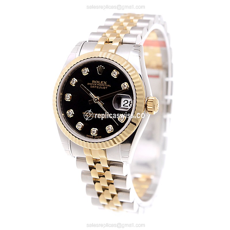 Rolex Datejust Replica - Automatic - 18kt Gold & Steel - Black Dial, Gold Clasp - View 3
