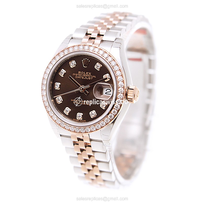 Rolex Lady Datejust Replica - Automatic - Brown Dial - 18kt Gold Case & Strap - Diamond Bezel - View 3
