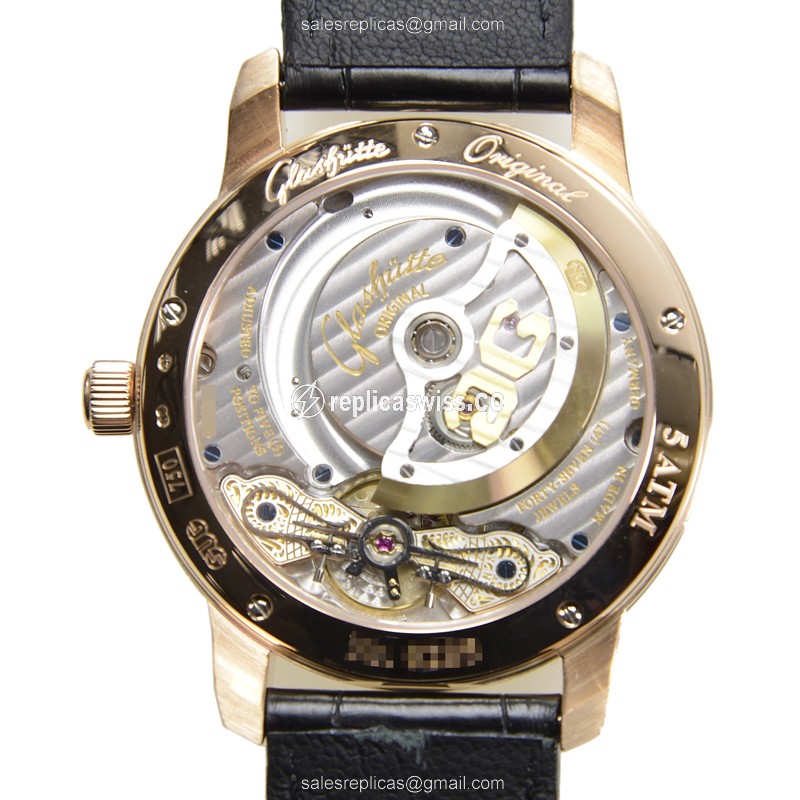 Glashutte PANO Replica - Automatic 18kt Rose Gold - White Dial - Black Alligator Strap - View 3