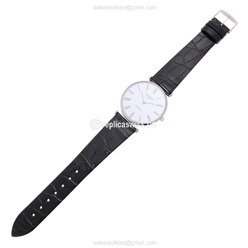 Longines L4.90.8.411.2 Replica - Manual Wind - Steel Case, White Dial, Alligator Black Strap - View 2
