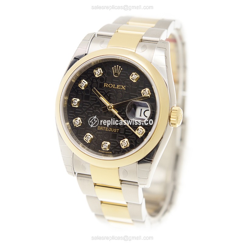 Rolex Datejust Replica - Automatic - 18kt Gold & Steel - Black Dial, Gold Clasp - View 3