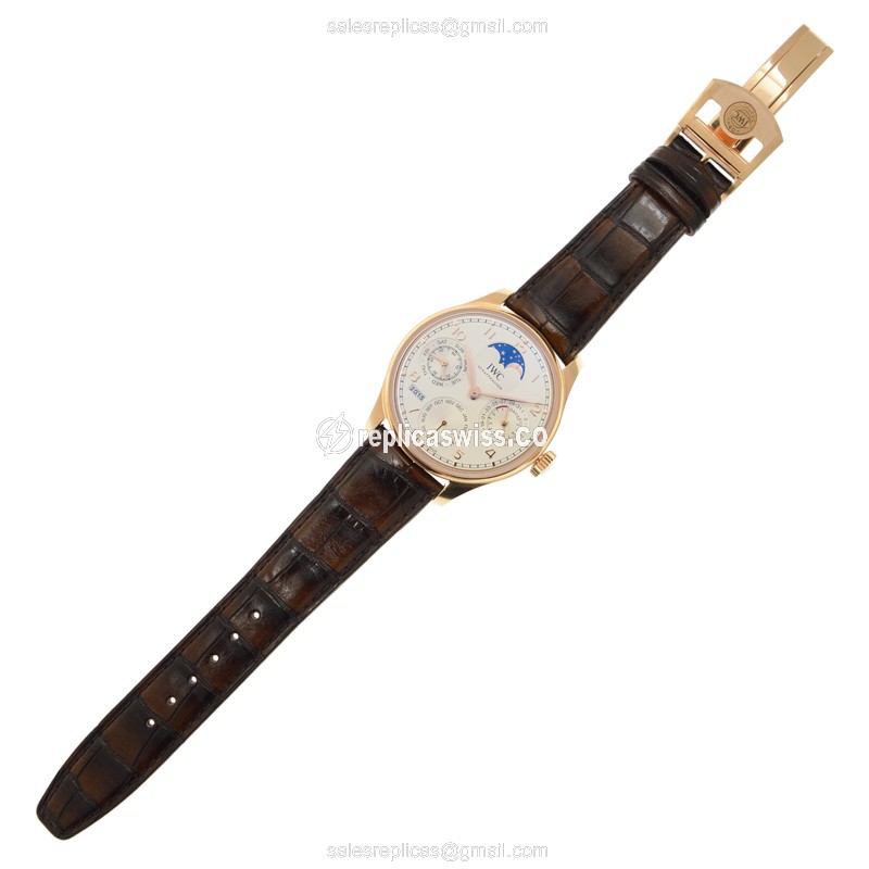 IWC Portuguese Replica - Automatic - 18kt Rose Gold - White Dial - Brown Alligator Strap - View 2