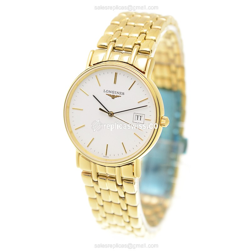 Longines Presence Quartz Gold-Plated - White Dial - Steel Case - Gold Strap - Clasp - View 3