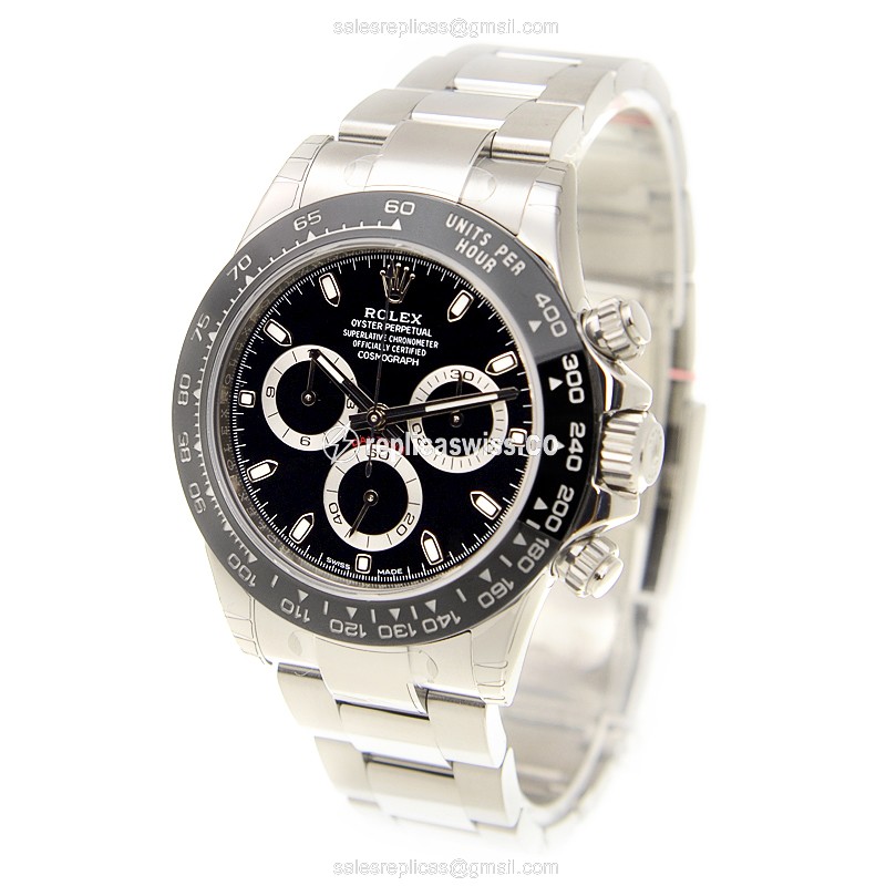 Rolex Daytona Replica - Automatic - Steel Case - Black Dial on Silver Strap - View 3