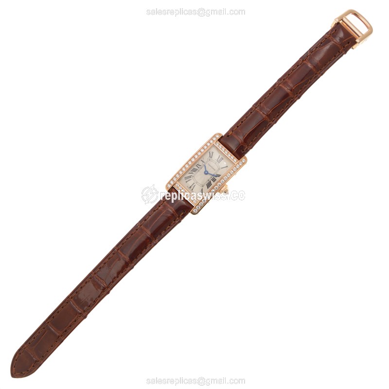 Cartier WJTA0002 Replica - Quartz - 18kt Rose Gold - Diamond Set - Silver Dial - Brown Alligator Strap - View 2