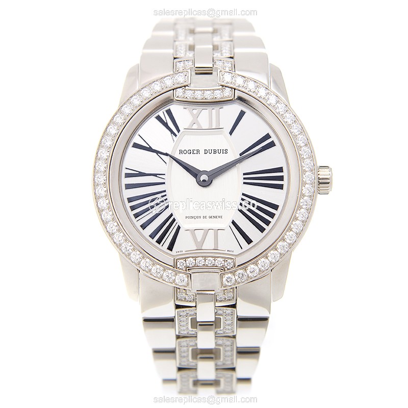 Roger Dubuis RDDBVE0001 Replica - Automatic - 18kt White Gold - Diamond - Silver Dial - Gold Strap - View 2