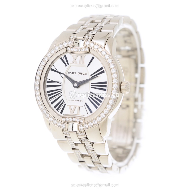 Roger Dubuis RDDBVE0001 Replica - Automatic - 18kt White Gold - Diamond - Silver Dial - Gold Strap - View 3