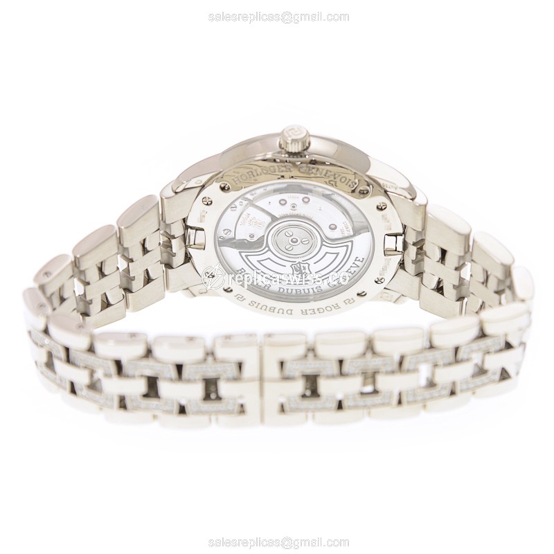Roger Dubuis RDDBVE0001 Replica - Automatic - 18kt White Gold - Diamond - Silver Dial - Gold Strap - View 4