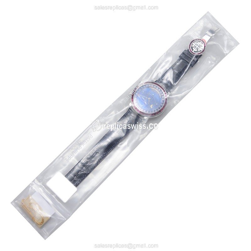 Patek Philippe 6104-12P-010 GRAND Complications - Automatic - 18kt White Gold - Ruby Dial - Blue Strap - View 2