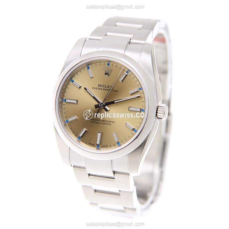 Rolex Oyster Perpetual Automatic - Gold Dial - Steel Case - Silver Band - Sapphire Crystal - View 3