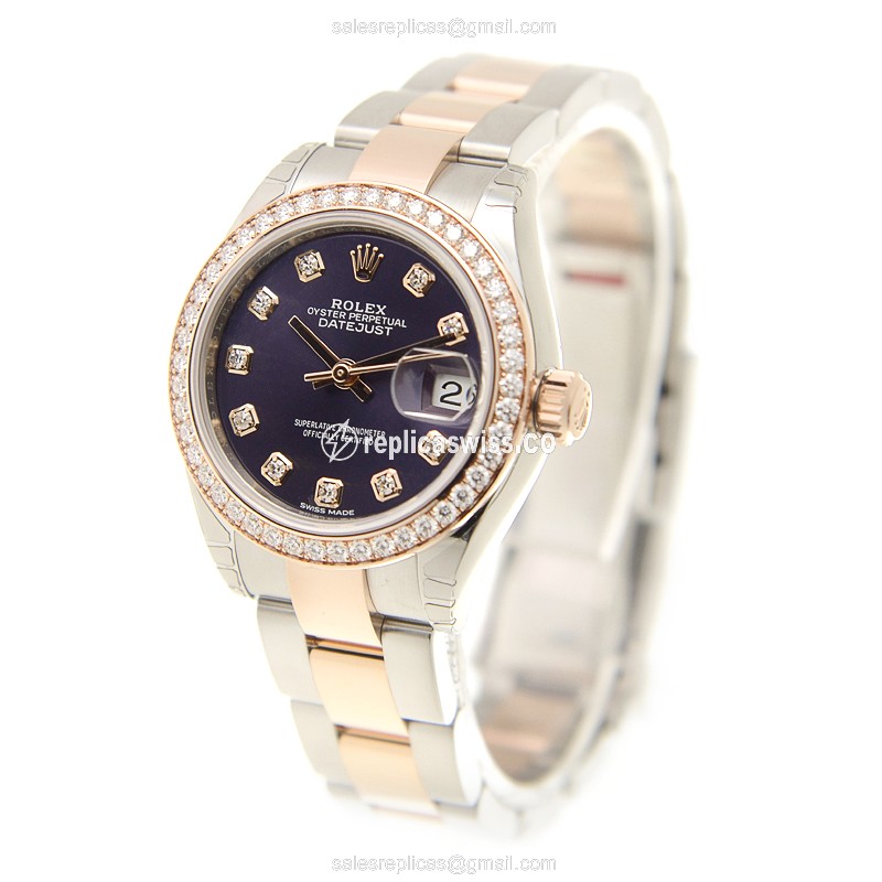 Rolex Lady Datejust Replica - Automatic 18kt Rose - Purple Dial - Gold Clasp & Steel Strap - View 3