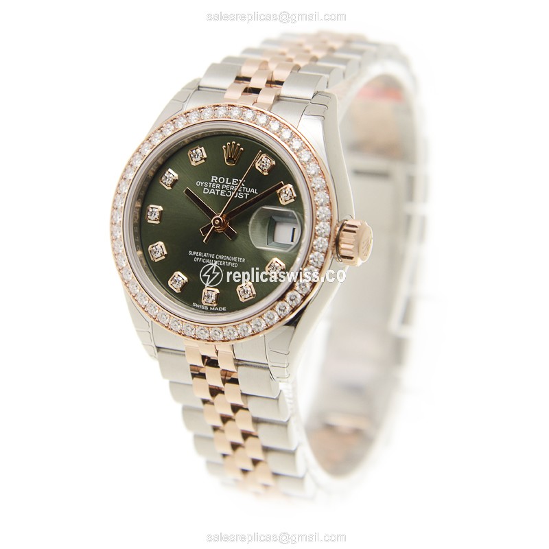 Rolex Datejust Replica - Automatic - 18kt Rose Gold - Green Dial - Diamond Bezel - View 3