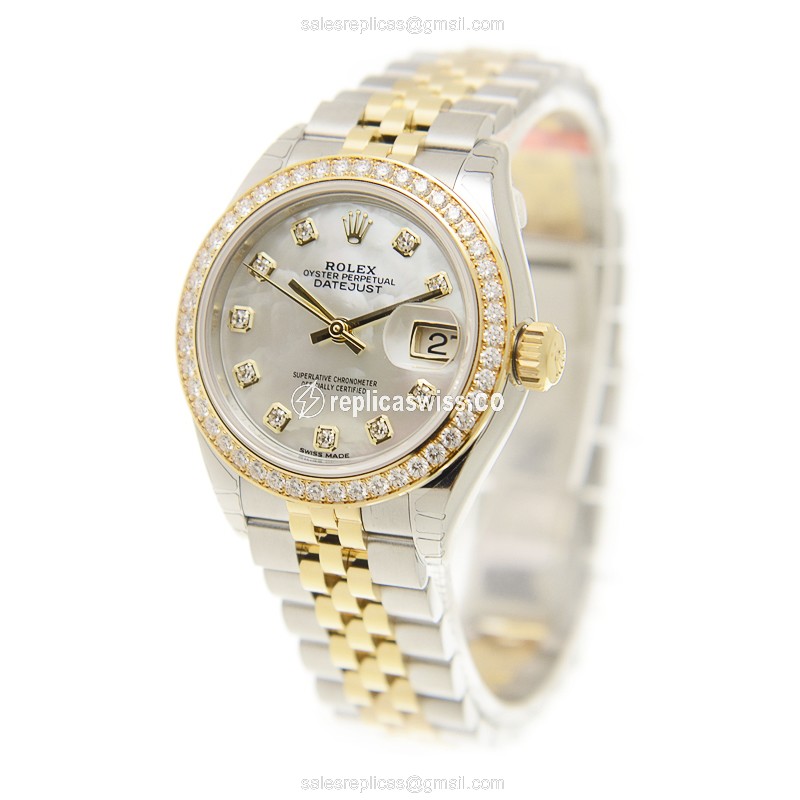 Rolex Lady Datejust Replica - Automatic - 18kt Gold & Diamond - White Dial - Gold Strap - View 3