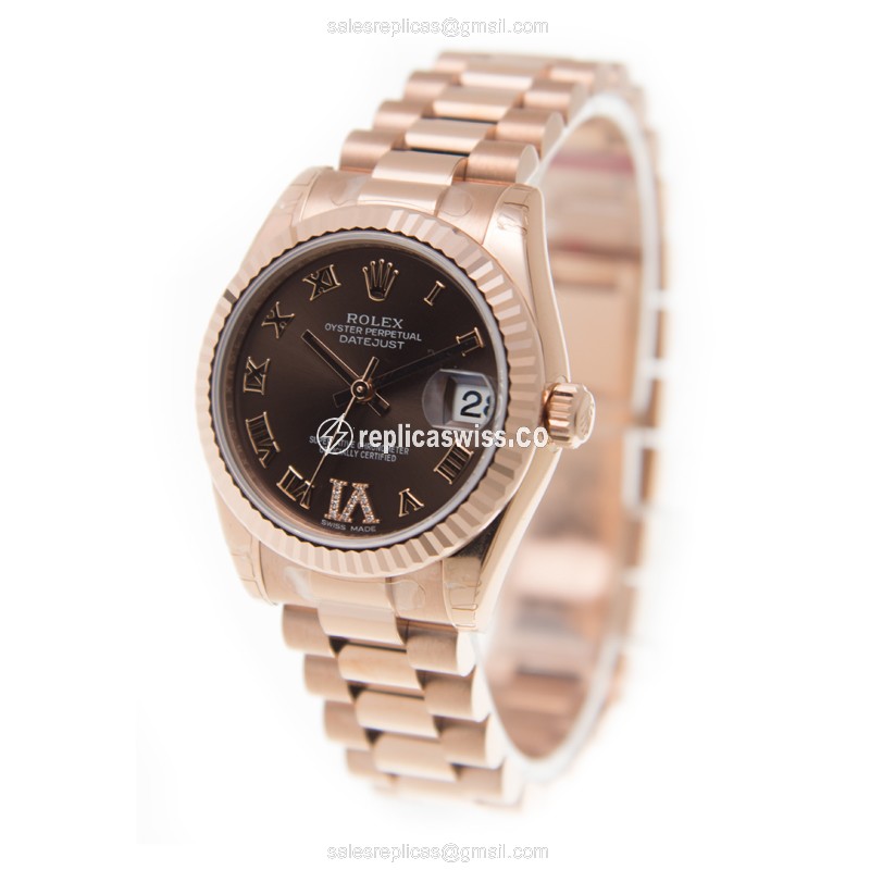 Rolex Lady Datejust Replica - Automatic - 18kt Gold - Brown Dial - Gold Strap - View 3