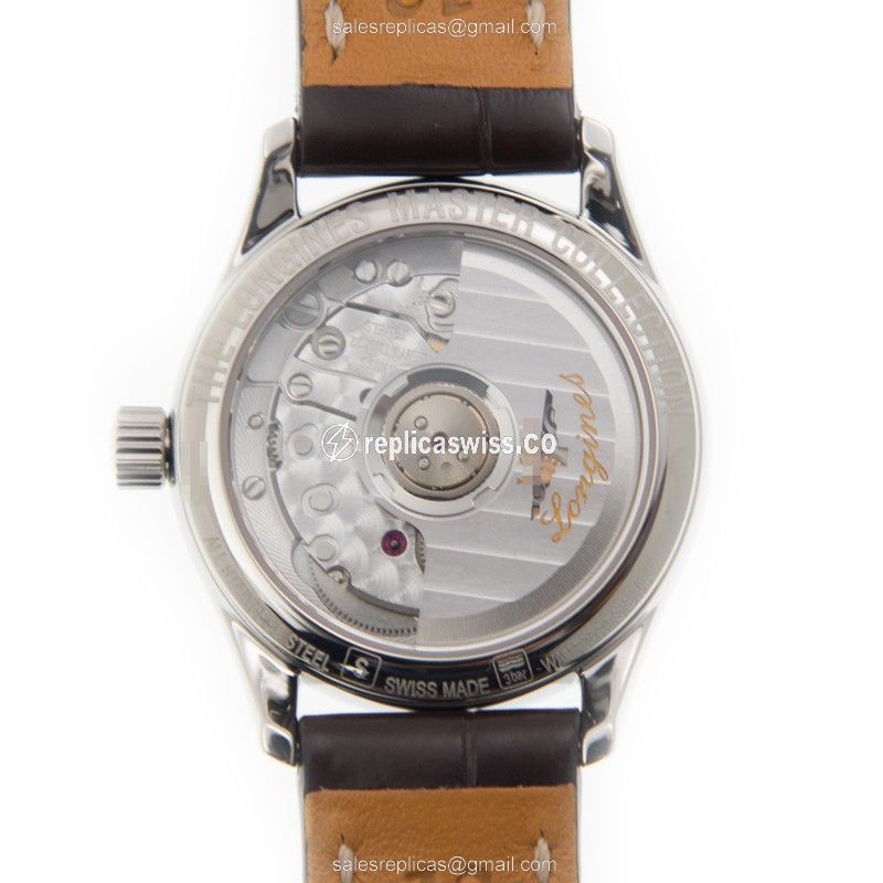 Longines L2.128.4.77.3 Replica - Automatic - Steel Case - Gold Dial on Brown Alligator Strap - View 3