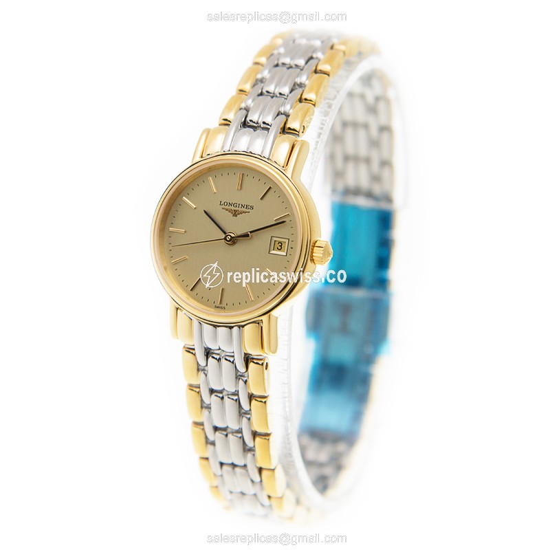 Longines Presence Replica: Gold-Plated Case - Quartz Movement - Gold Dial on Steel Strap - View 3