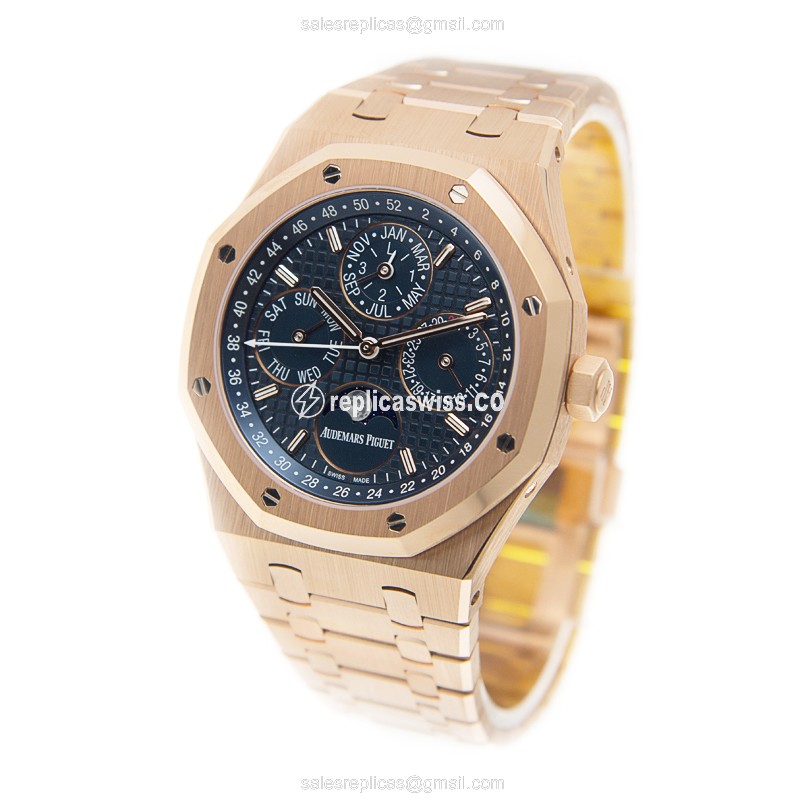 Automatic Replica Audemars Piguet Royal Oak - 18kt Rose Gold - Blue Dial - Gold Strap - View 3