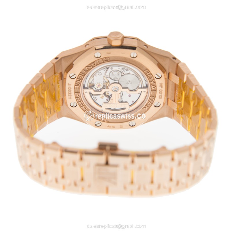 Automatic Replica Audemars Piguet Royal Oak - 18kt Rose Gold - Blue Dial - Gold Strap - View 4