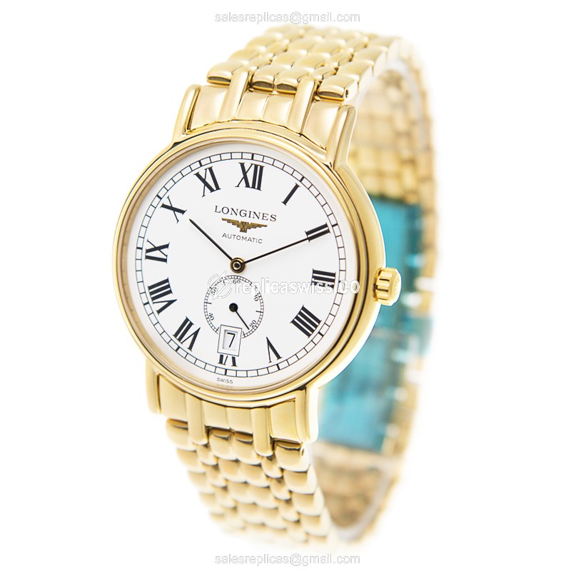 Longines Presence Replica - Automatic - Gold-Plated Case - White Dial, Gold Strap - View 3