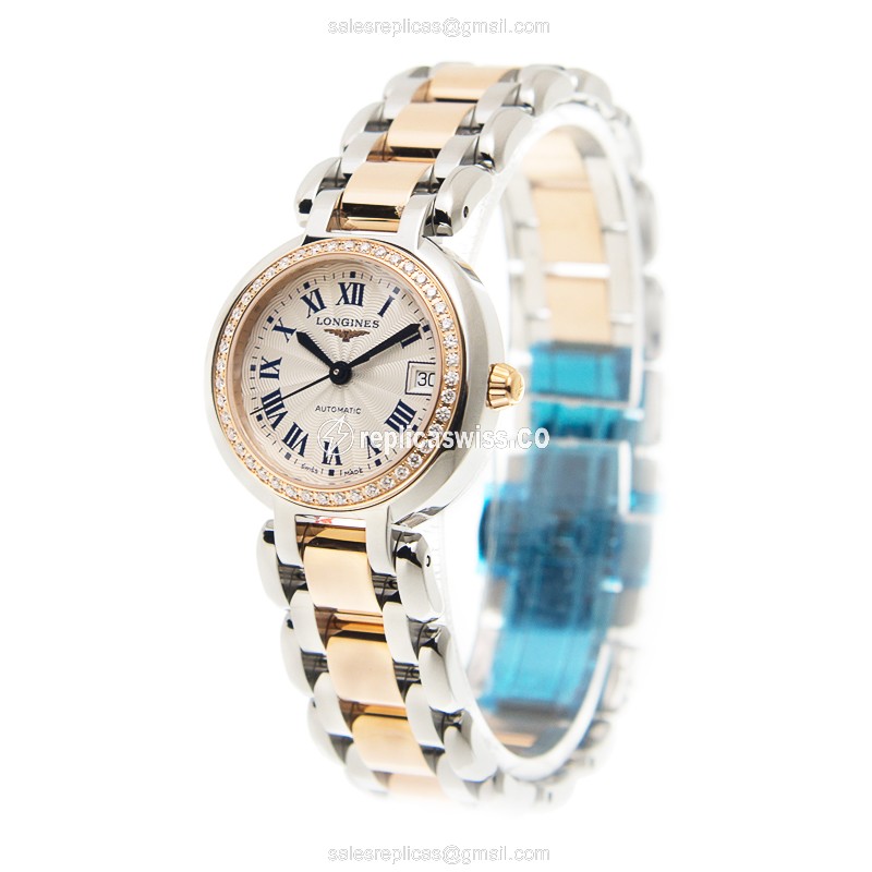Longines Prima Luna Replica - Automatic - 18kt Rose Case - White Dial - Gold Clasp & Steel Strap - View 3