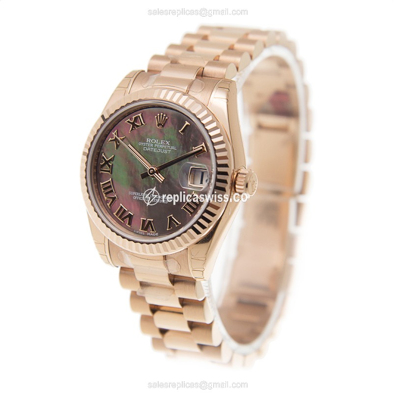 Rolex Datejust Lady Replica - Auto - 18kt Rose Gold - Black - Gold Strap - View 3