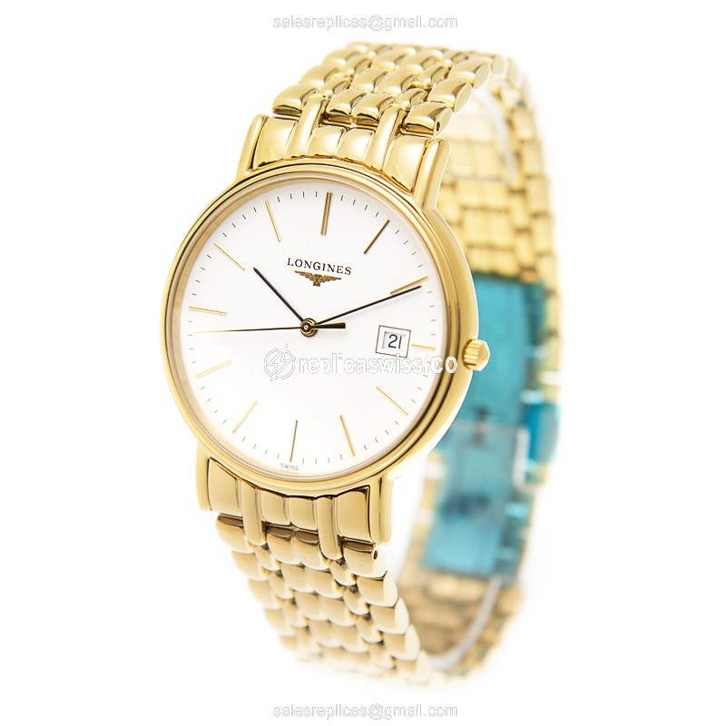 Longines Presence Quartz Gold-Plated Steel - White Dial Gold Strap Clasp - View 3