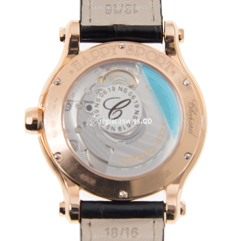 Chopard Happy Sport 274808 5008 - Auto 18kt Rose Gold - White Dial - Black Alligator Buckle - View 3