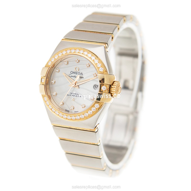 Omega Constellation Replica - Automatic - 18kt Gold & Diamond - White Dial - Steel Case & Gold Strap - View 3