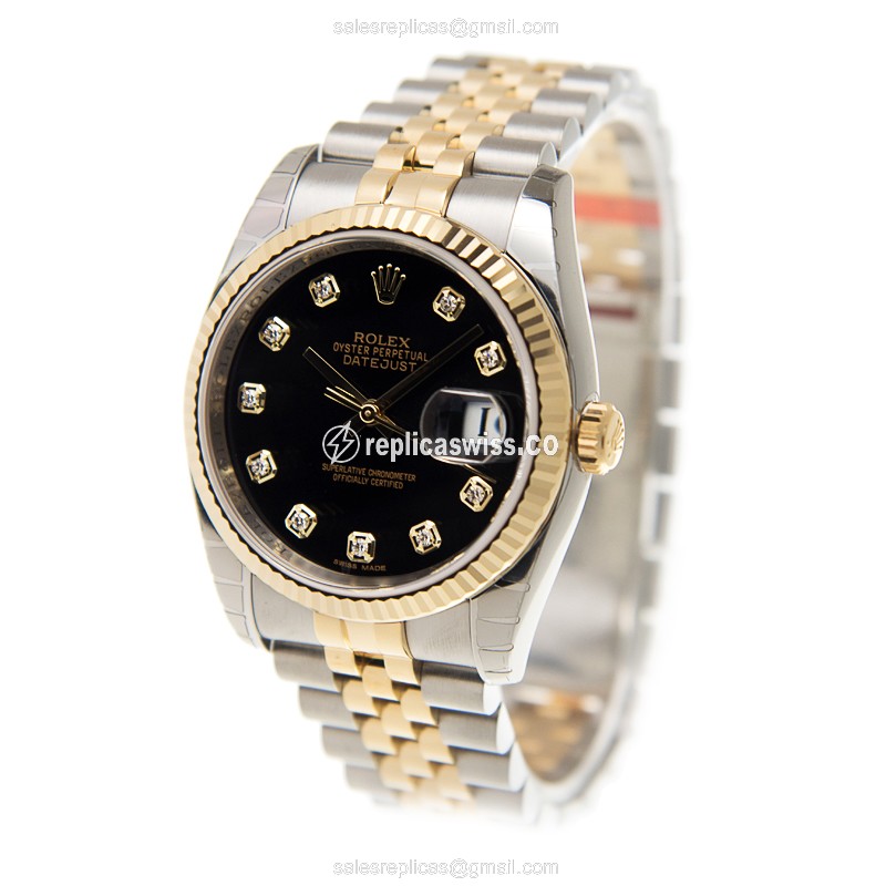 Rolex DATEJUST Replica - Automatic - 18kt Gold Case - Black Dial, Gold Strap - View 3