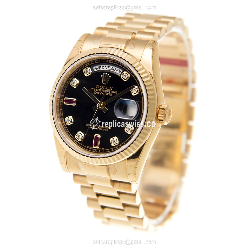 Rolex DAY-DATE Replica - Automatic - 18kt Gold Case - Black Dial - View 3