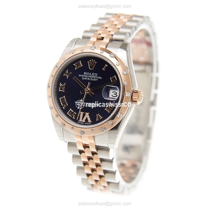 Rolex Datejust Lady Replica - Automatic - 18kt Rose Gold Case - Purple Dial, Diamond Bezels - View 3